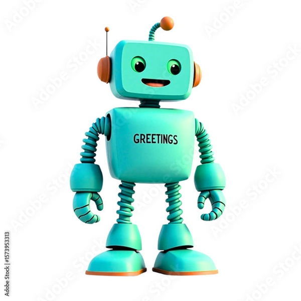 Fototapeta Friendly turquoise robot with the word greetings on its chest