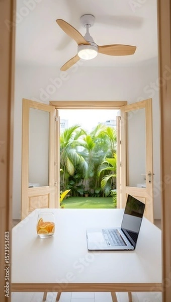 Obraz Modern workspace with tropical garden view laptop drink