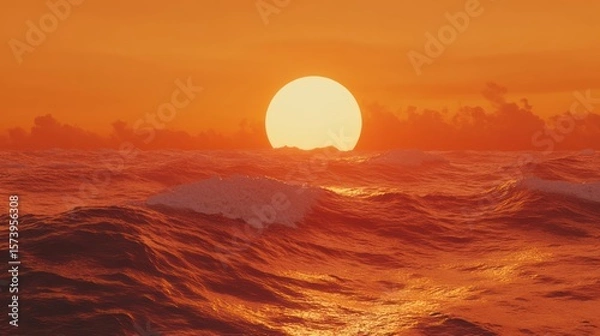 Obraz Ocean sunset, waves, fiery sky, dramatic cloudscape, travel