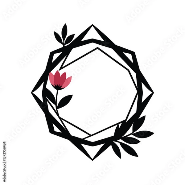 Fototapeta Abstract geometric frame wrapped in floral elements silhouette for modern botanical design