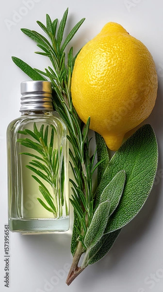Fototapeta Clear bottle of yellow essential oil beside fresh lemon, rosemary sprig, and velvety sage leaf on white surface