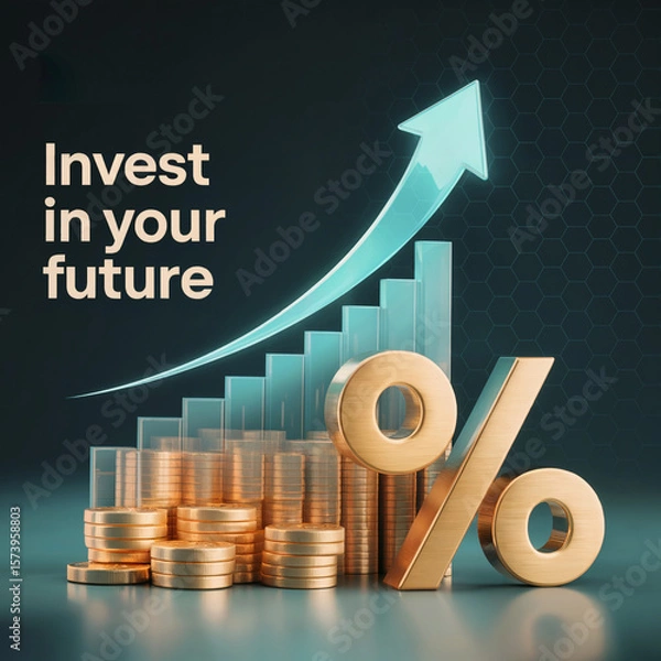 Fototapeta 3D Financial Growth Visualization with Teal Bars, Coins, and Glowing Arrow