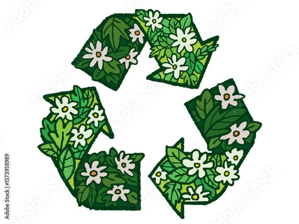 Fototapeta Sketch doodle recycle reuse reduce symbol with leaves and flowers. Hand-drawn style illustration, vector 