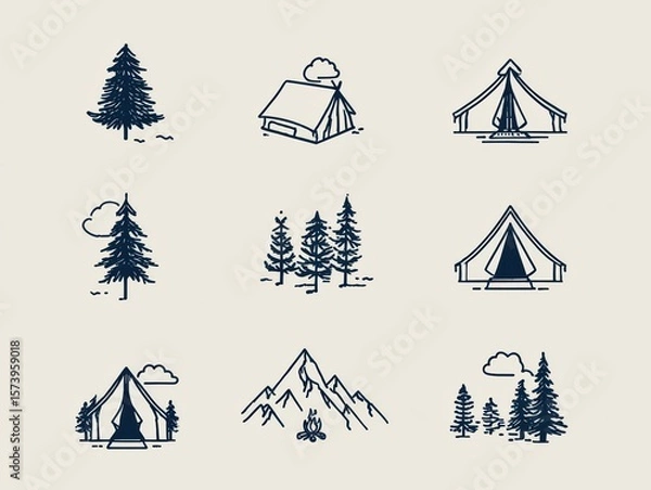 Obraz Modern minimalist camping adventure icon set featuring tent, pine tree, and mountain motifs in navy blue and cream white dual-tone, ideal for app UI design and digital branding campaigns. 