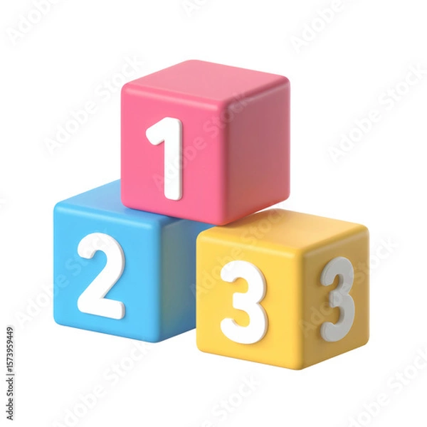 Fototapeta 3D Stacked Number Blocks 1, 2, 3 in Pink, Blue, and Yellow on White Background