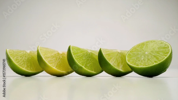 Fototapeta Fresh Lime Wedges and Whole Lime on White Background, Horizontal Layout