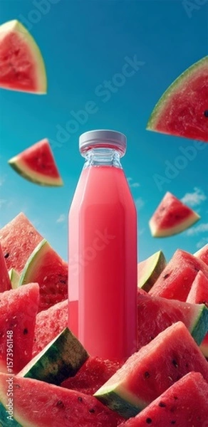 Fototapeta Refreshing Watermelon Juice in Bottle Surrounded by Fresh Slices