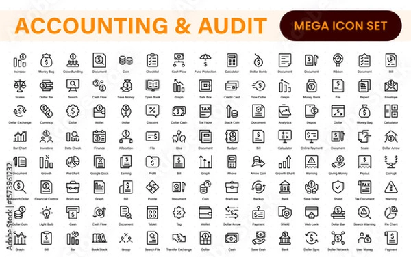 Fototapeta Collection of accounting and audit line icons. Business finance vector pack. Contains icons for tax return, payroll, earnings, income, deductions, ledger, and money management.