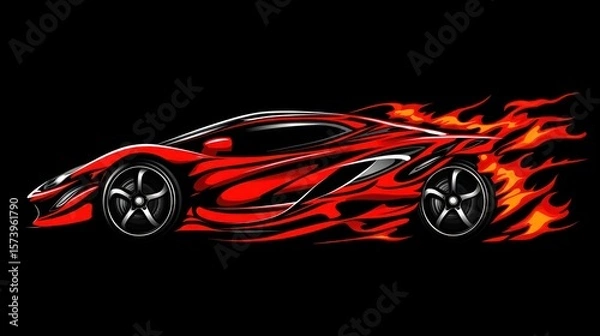 Obraz Fiery Red Sports Car Speeding, Flames, Black Background, Design Element