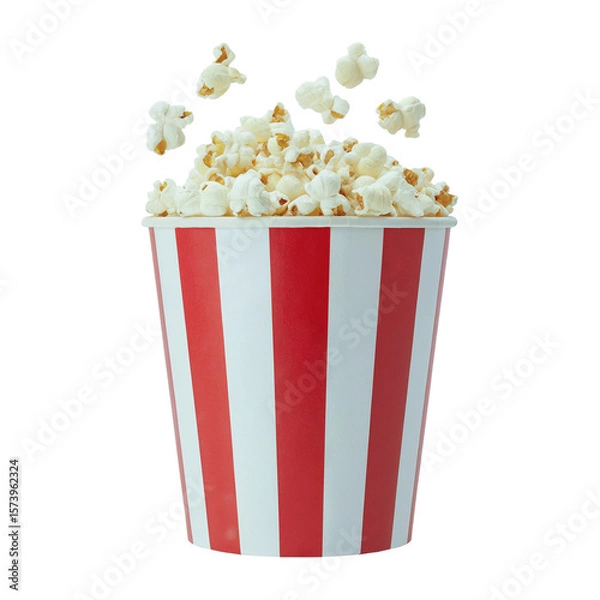 Fototapeta Red and White Striped Popcorn Bucket with Floating Kernels on White Background