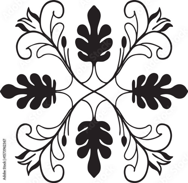 Fototapeta Elegant Floral Ornament: A symmetrical floral ornament, presented in a minimalist and sophisticated style, featuring intricate leaf and branch motifs with a timeless design.
