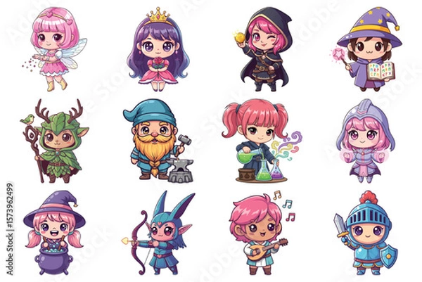Fototapeta Chibi magical fantasy characters professions collection vector illustration