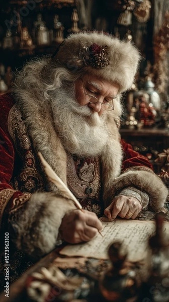 Fototapeta Santa Claus writing letters in a cozy workshop filled with holiday decorations during the festive season