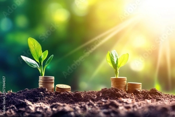 Fototapeta Two young plants sprout from stacks of coins in rich soil, bathed in golden sunlight, symbolizing growth and financial prosperity.
