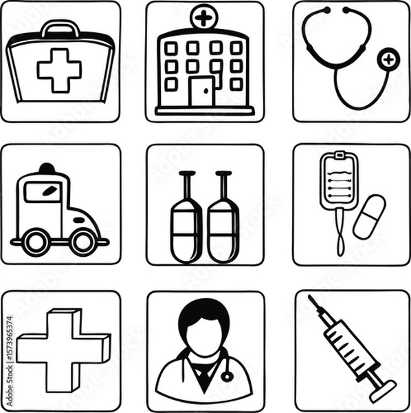 Fototapeta Medical Icons: A collection of crisp, illustrative medical icons set against a stark backdrop, representing key aspects of healthcare, from emergency services to treatment.