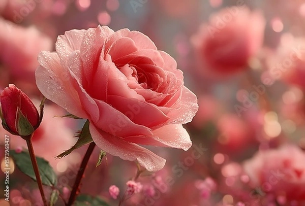 Fototapeta Delicate pink rose covered in dew drops with a red rose bud