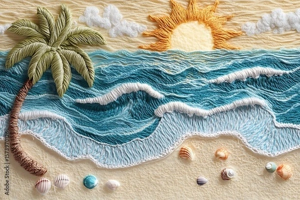 Obraz Embroidered beach sunset scene.