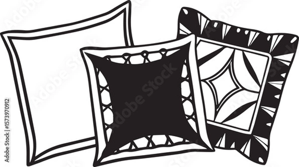 Fototapeta Monochrome Cushion Trio: Simple black and white cushions arranged together in a decorative pattern on a white space, suitable for graphic design elements.