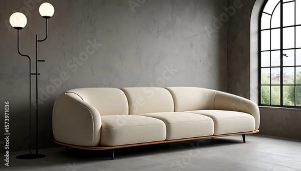 Fototapeta Modern Cream Sofa in Minimalist Loft Apartment with Arch Window and Floor Lamp