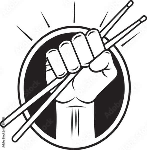 Fototapeta Rhythm's Grasp: A bold monochrome illustration of a clenched fist, holding a pair of drumsticks with dynamic flair. The iconic emblem conveys passion, rhythmic energy and musicality.