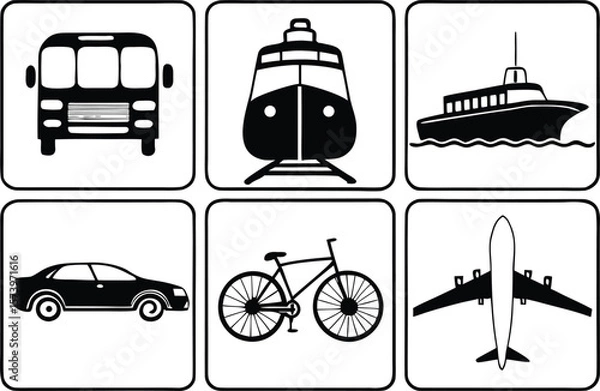 Fototapeta Diverse Transit: An illustration showcasing different modes of transport, including a bus, train, ferry, car, bicycle, and airplane.