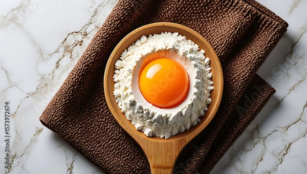 Fototapeta Overhead shot: Egg yolk nestled in flour, wooden bowl, brown towel, marble background; rustic, minimalist, baking concept.