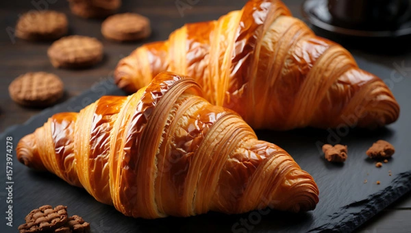 Fototapeta Two golden-brown croissants and chocolate cookies on dark slate, close-up, delicious bakery image.