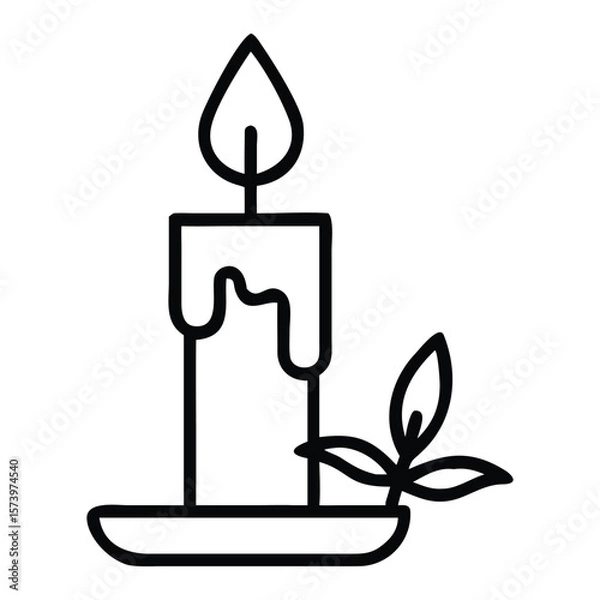 Fototapeta Vector illustration of a lit candle with a leafy element in black and white