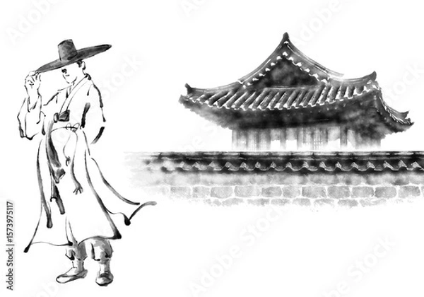 Obraz 한국의 전통 가옥인 한옥을 주제로 한 다양환 풍경을 수묵화 기법으로 그린 손그림 일러스트.