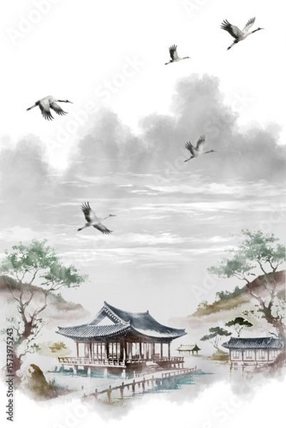 Obraz 한국의 전통 가옥인 한옥을 주제로 한 다양환 풍경을 수묵화 기법으로 그린 손그림 일러스트.