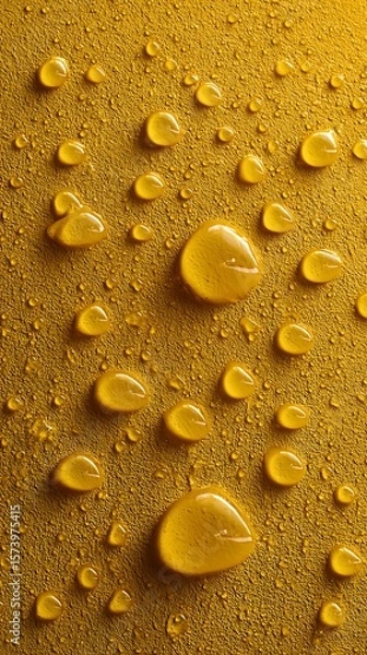 Fototapeta Macro water droplets on yellow background texture minimal design wet surface fresh moisture backdrop