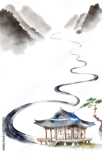 Obraz 한국의 전통 가옥인 한옥을 주제로 한 다양환 풍경을 수묵화 기법으로 그린 손그림 일러스트.