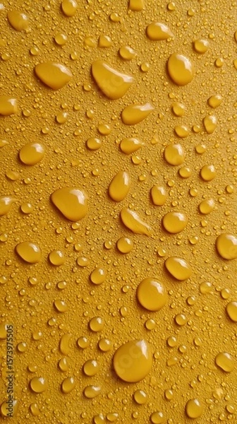 Fototapeta Macro wet surface of water droplets on yellow background texture minimal design fresh moisture backdrop