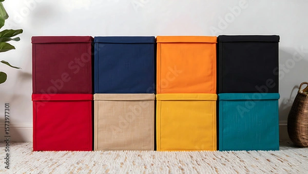 Fototapeta Colorful Fabric Storage Cubes: Modern Home Organization Solution.