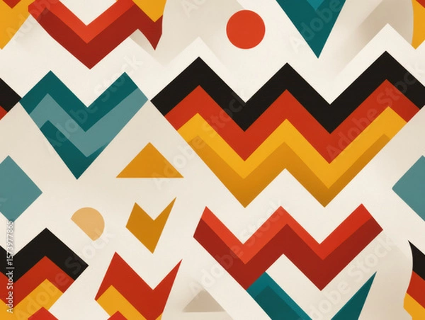 Fototapeta vibrant geometric pattern with zigzag and triangular shapes in warm colors like red, orange, yellow, teal, and black on a beige background.