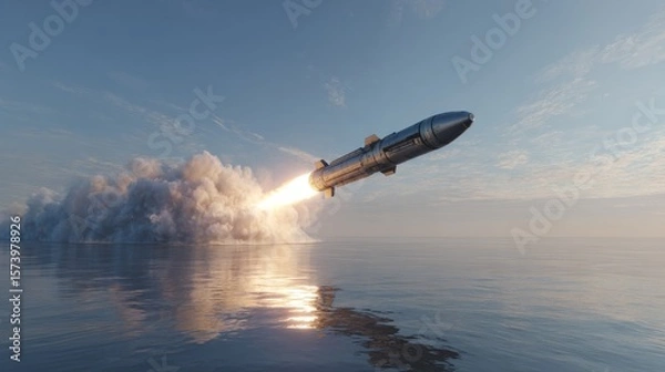 Fototapeta 3D illustration of cruise missile emerging from water in launch sequence. 