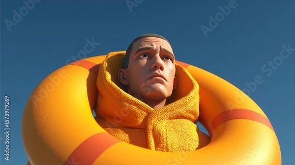 Fototapeta 3D render of a man wearing a lifebuoy, symbolizing rescue, hope, survival, and emotional or physical support in times of crisis.