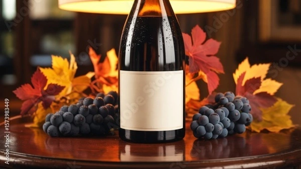 Fototapeta Bottle of Red Wine With Grapes and Autumn Leaves on Wooden Surface