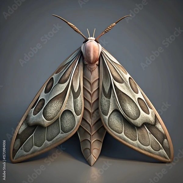 Fototapeta Detailed close up of a stylized moth with intricate wing patterns and textured body