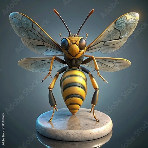 Fototapeta Stylized giant wasp with detailed wings and segmented body on pedestal
