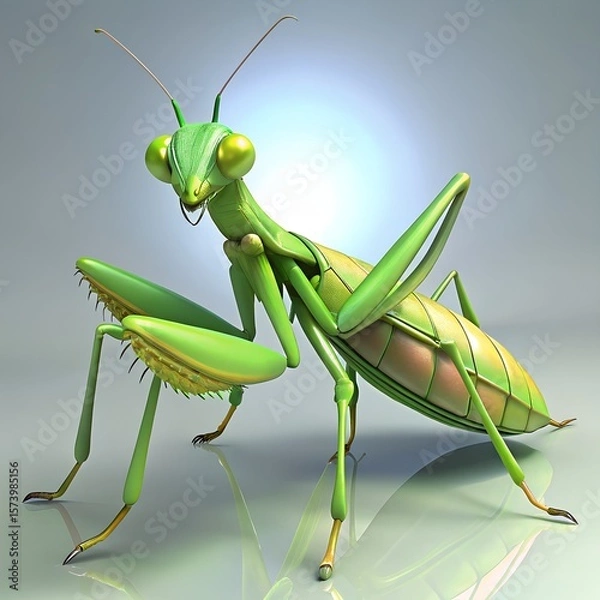 Fototapeta Detailed 3d render of a green praying mantis with reflective surface