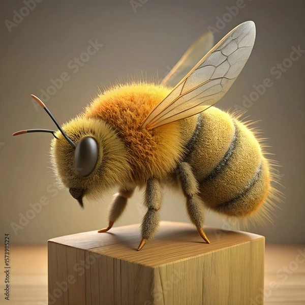 Fototapeta Detailed macro photograph of a fuzzy bumblebee resting on a wooden block