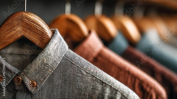 Obraz Several bright and colorful shirts hung on wooden hangers. They are neatly arranged in a row. The focus is on the bright details of the clothing, emphasizing their color and quality.