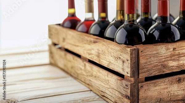 Obraz A wooden box containing bottles of red and white wine with red and gold corks.