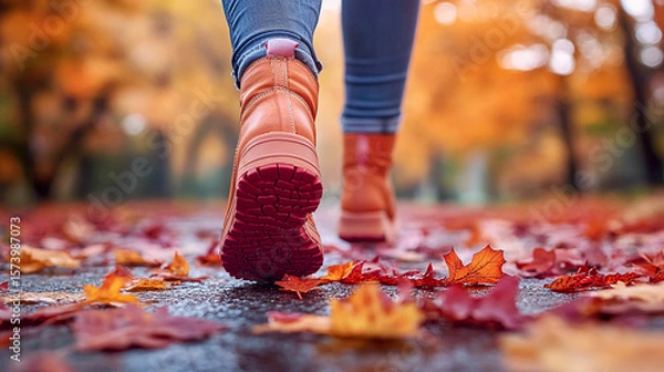 Obraz A man wearing orange shoes walking down an autumnal alley. Red and orange leaves are falling around him, creating a cool autumn atmosphere.