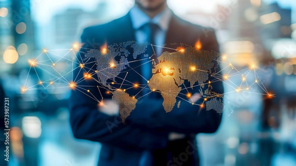 Obraz A man in a business suit holding or interacting with a digital hologram of a world map. The world map and lines symbolize global connections, technology, the internet, and communication.