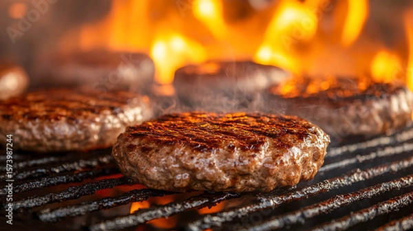 Obraz Juicy grilled patties, seared over an open fire, releasing smoke and heat that enhances the cooking process. The theme is about barbecue, meat, holidays, and cooking.