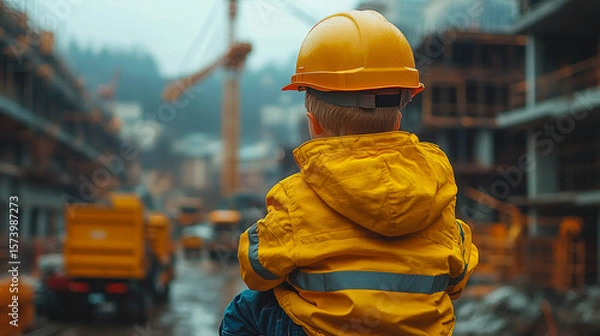 Obraz A little boy wearing a yellow jacket and a construction helmet is standing in front of a construction site. He is looking into the distance, observing the construction process.