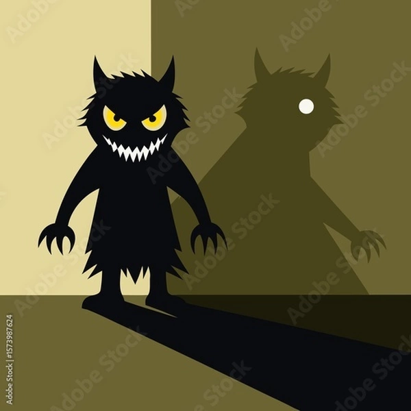 Fototapeta Scary black monster with sharp teeth and yellow eyes casting a menacing shadow