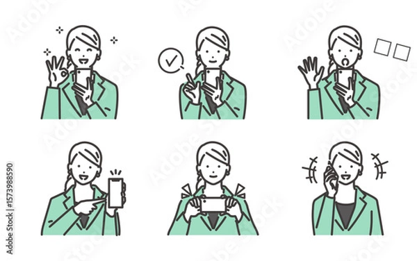 Obraz スマホを操作する若いビジネスウーマンのいろいろな表情セット